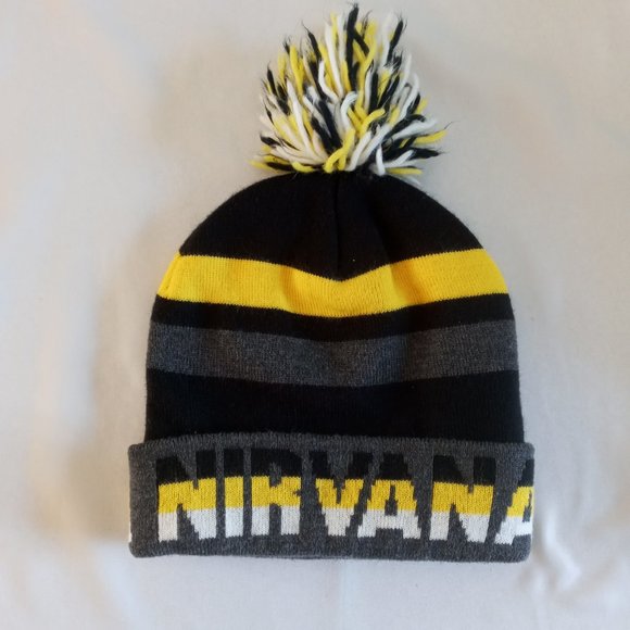 Nirvana Smiley Face Toque Hat One Size Black Yellow Grey White - Picture 2 of 5